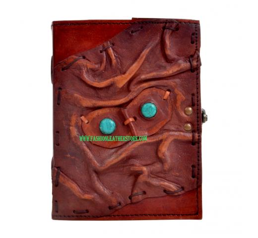 Handmade antique 2 stone  eyes on face leather journal diary and notebook